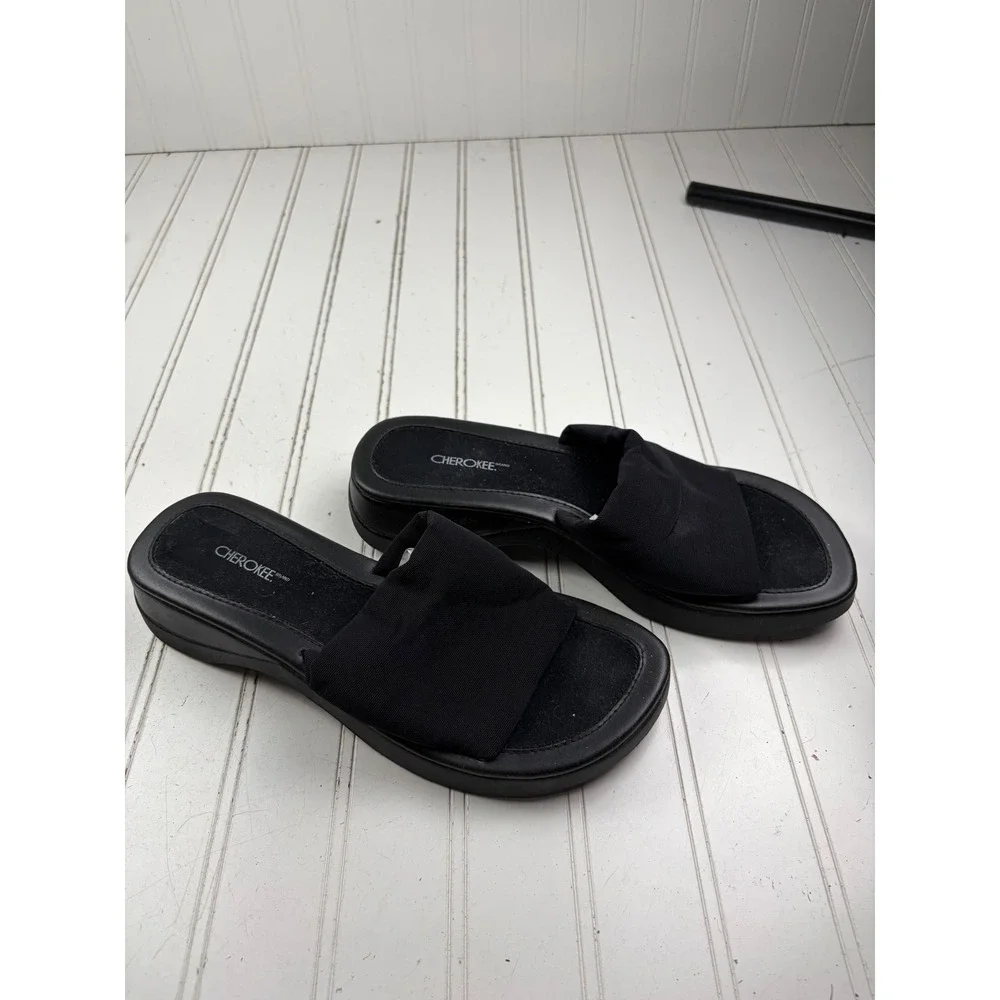 Cherokee Black Chunky Platform Comfort Slides Wedges Women's Size 9